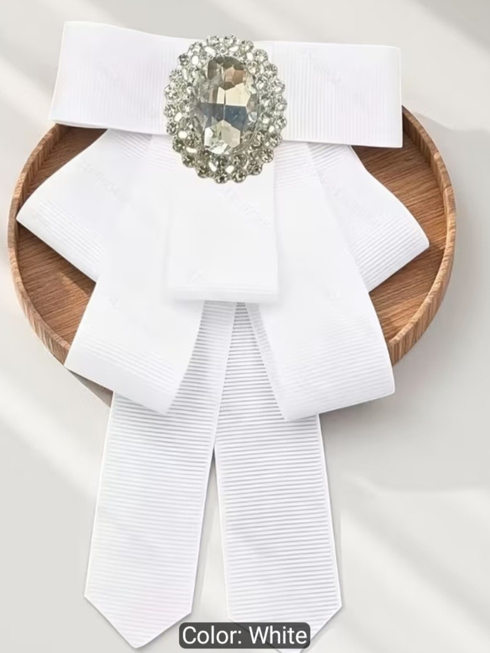 White Ribbon Brooch with Crystal Accent - Fashion Women Accessory
